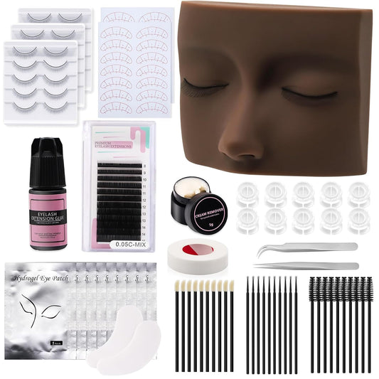 Lash Kit for Beginners, Eyelash Extension Kit with Eye Lash Mannequin Head, Eyelash Extension Glue, Remover Cream, Tweezers for Practice Training