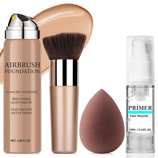 AirBrush Silky Mist Foundation Spray Makeup With Primer and Brush, Full Coverage Foundation for Smooth Radiant Finish, Breathable Lightweight Hydrating (#2 Beige)