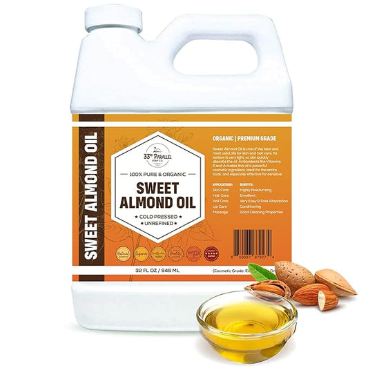 ORGANIC SWEET ALMOND OIL (32 oz) Premium Cold Pressed Unrefined | 100% Pure Sweet Almond Oil for Skin, Face, Hair, Soap Making | Carrier for Essential Oils | Available in Bulk | 32 FL OZ