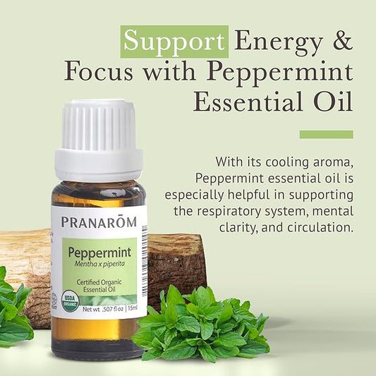 Pranarom USDA Certified Organic Peppermint Essential Oil (15ml), 100% Pure Undiluted Therapeutic Grade from India for Aromatherapy, Diffuser, Topical, Cooling, Massage & Relaxation