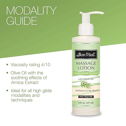 Bon Vital' Therapeutic Touch Massage Lotion with Olive Oil to Repair Dry Skin & Soothe Sore Muscles, Skin Therapy Lotion, Moisturizes Skin During Massages for Smooth, Soft Skin, 8 Oz, Label may Vary