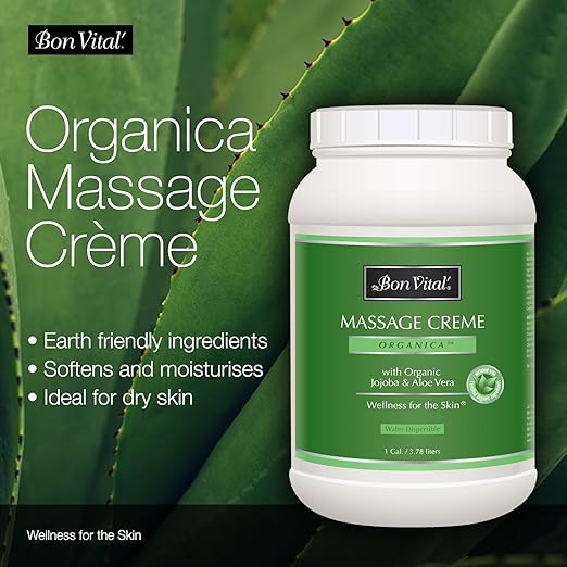 Bon Vital' Organica Massage Creme, Professional Massage Therapy Cream with Certified Organic Ingredients for Earth-Friendly Massage, Organic Jojoba Oil for Easy Glide, 1 Gal, Label may Vary
