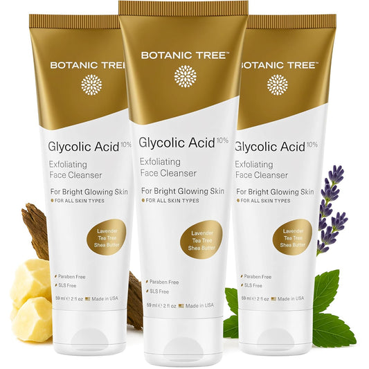 Botanic Tree Glycolic Acid Face Wash Travel Size (Pack of 3)- Facial Exfoliating Cleanser w/ 10% Glycolic Acid- Organic An.