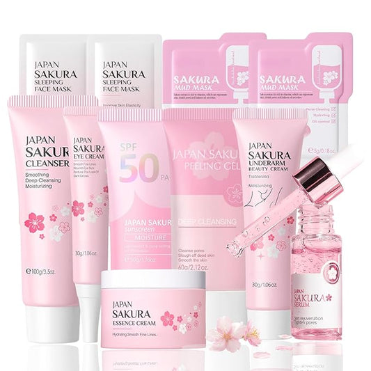 Japan Sakura Skin Care Set Women Gifts 11 Pcs - Skin Care for Teens 10-12 - Skincare for Girls 10-12 - Japanese Skin Care Routine Kit for Women with Sunscreen, Underarm Cream, Peeling Gel