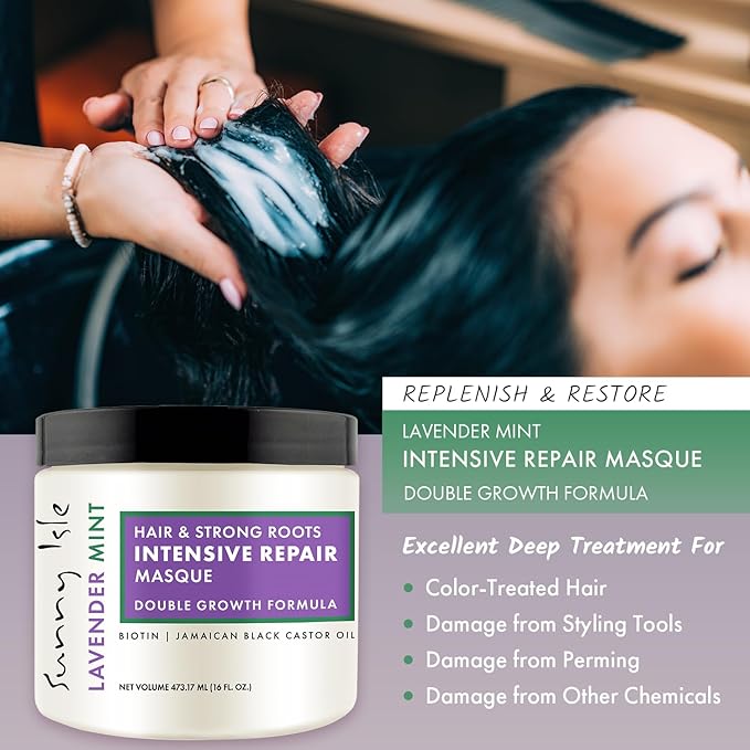 Sunny Isle Lavender Mint Hair and Strong Roots Intensive Repair Masque 16oz | Double Growth Formula | Biotin and Jamaican Black Castor Oil