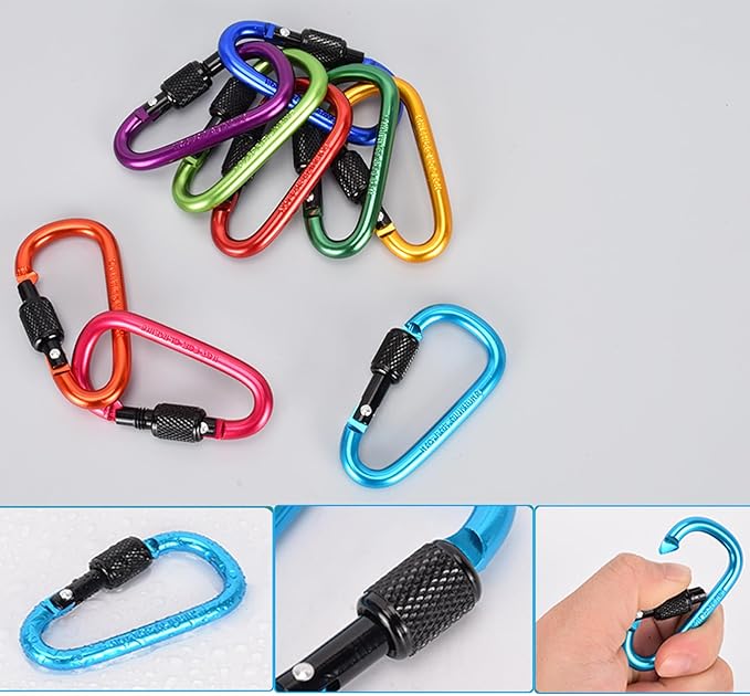 10 Pack Aluminum D Ring Key Rings Hiking Clips Locking Carabiner for Hiking Camping Fishing and Outdoor Use，Clips with Screw Gate Multicolored