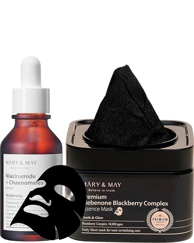Mary&May Niacinamide + Chaenomeles Sinensis Face Serum + Premium Idebenone Blackberry Complex Essence Mask Bundle