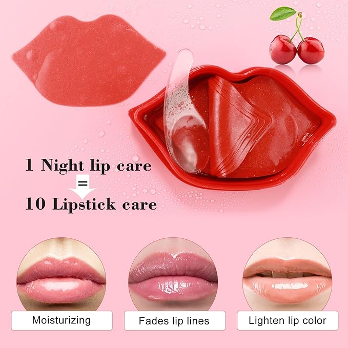 Charm Kiss 20Pcs Moisturizing Lip Mask, Lip Sleep Mask Reduces Lip Lines and Restores Moisture, Lip Mask Effectively Nourishes the Lip Skin, Gel Treatment Lip Masks Plumping Lips Mask Lip Care Products (Red)
