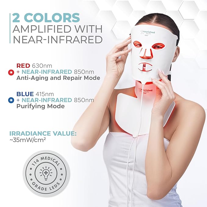 LED Face and Neck Mask with Near-Infrared - Blue, Red Light Therapy for Face - 228 LEDs - Skincare Tool for Wrinkles, Anti-Aging