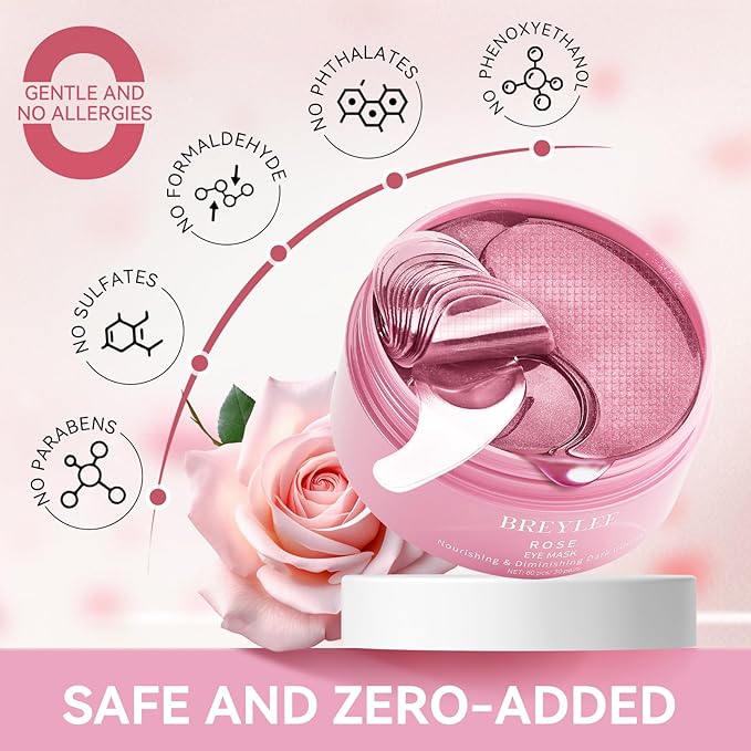 BREYLEE Pink Rose Eye Mask– 60 Pcs - Puffy Eyes and Dark Circles Treatments – Look Younger and Reduce Wrinkles and Fine Lines Undereye, Improve and Firm eye Skin - Pure Natural Material Extraction