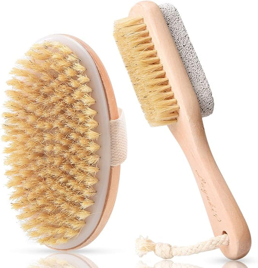 Body Brush for Dry or Wet Brushing and 2-Sided Foot File Scrubber Set, Body Scrubber for Bath or Shower, Exfoliating Skin, Cellulite Treatment, Foot File Scrubber with Pumice Stone