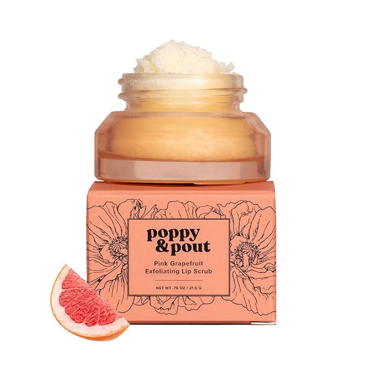 Poppy & Pout Natural Lip Scrub, Moisturizing Sugar Scrub for Dry Lips, Lip Scrubber Exfoliator with Essential Oils Smooths and Hydrates Lips, In Recyclable Glass Jars, Cruelty Free - Pink Grapefruit