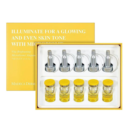 MADECA DERMA Vita Brightening Microbiome Ampoule – Brightening with Vitamins C & E, Hyaluronic Acid & Antioxidants, Korean Skincare for Radiant, Even Tone & Dark Spot Care (0.23 fl oz x 5 Bottles)