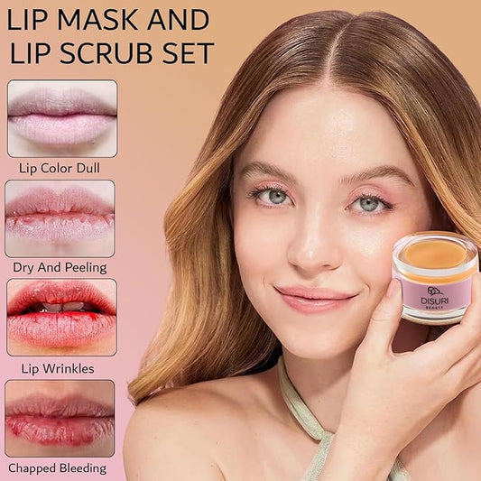 Lip Mask and Lip Scrub Set - Moisturizing Lip Scrub for Exfoliating and Smoothing Lips, Cruelty-free - Improves Texture, Hydrates, and Softens Chapped, Dark Lips Skin - (Orange)
