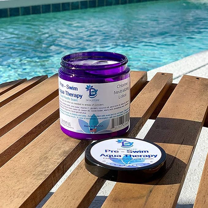 Diva Stuff Pre-Swim Aqua Therapy Chlorine Neutralizing Body Moisturizing Lotion for Swimmers, Protects Skin from Chlorine and Salt Water, 8 oz - Made in the USA, Fresh South Pacific