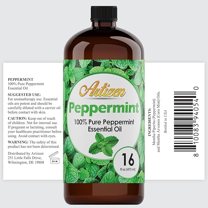 Artizen Pure Peppermint Essential Oil Bulk, 16oz - Large Bottle for Diffusers, Home Care, Candles - 100% Pure Mint