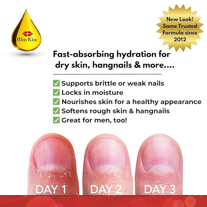 Bliss Kiss | Fragrance Free | Nail Oil Cuticle Dropper w/Vitamin E & Jojoba⏤Nail Strengthener Nail Growth Oil and Serum for Brittle Peeling Breaking Thin Nails | 0.5oz |