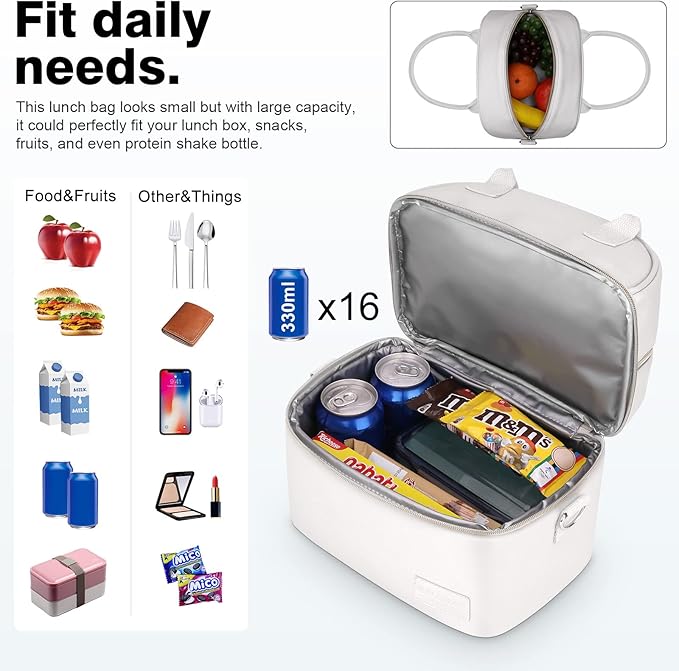 BALORAY Lunch Bag for Women Men, Double Deck Lunch Box for Adults, PU Leather Lunch Tote Bag Insulated Lunch Bags with Strap for Work Office Picnic