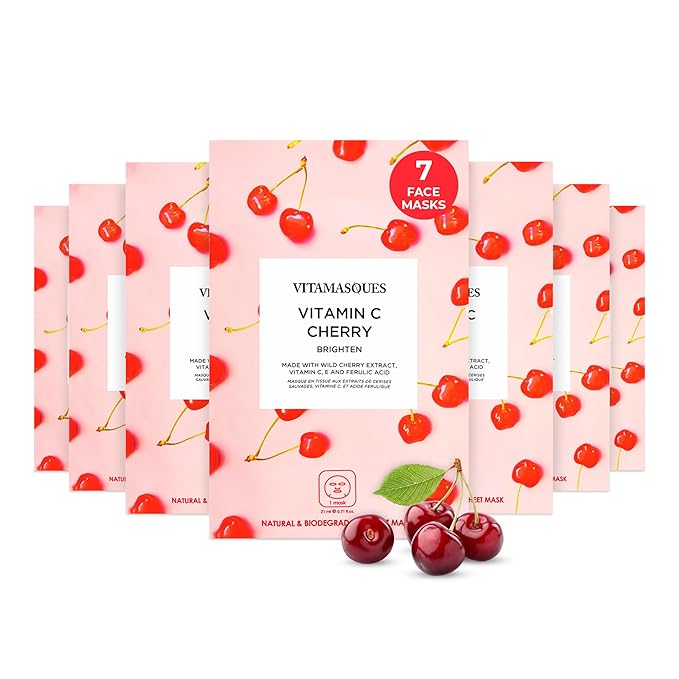 Vitamasques Vitamin C Cherry Face Sheet Mask 7 Pack - Brightens, Protects & Boosts Hydration with Antioxidants, Vitamin C and Ferulic Acid - Natural - Vegan - Korean Skin Care