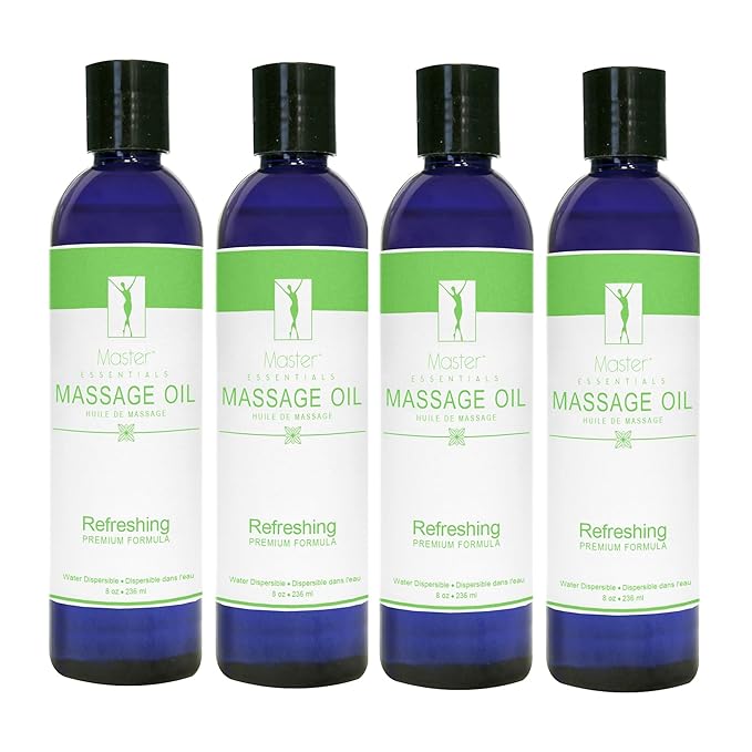 Master Massage Organic Massage Oil - 8 fl oz, Refreshing Sense, Water-Soluble, Skin-Nourishing Formula for Relaxation, Ideal for Massage Therapy and Home Use, Pack of 4