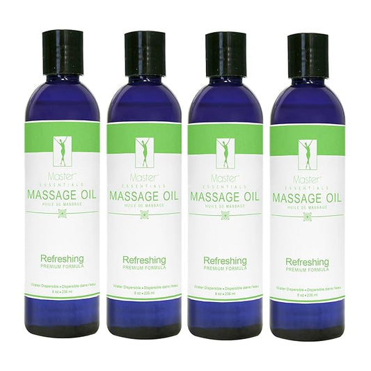 Master Massage Organic Massage Oil - 8 fl oz, Refreshing Sense, Water-Soluble, Skin-Nourishing Formula for Relaxation, Ideal for Massage Therapy and Home Use, Pack of 4