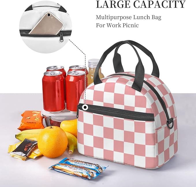 bassyil Pink Checkerboard Lunch Box Reusable Insulated Totes Lunch Bag Thermal Cooler Adjustable Shoulder Strap Bag For Men Women
