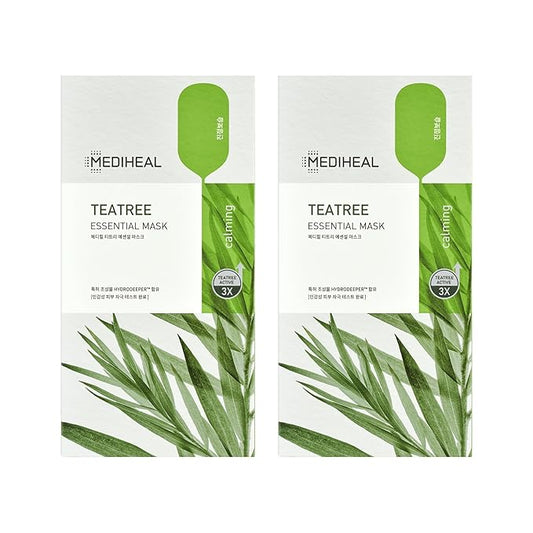 Mediheal Best Korean Sheet Mask - Tea Tree Essential Face Mask 20 Sheets For All Skin Types Korean Best Sheet Mask Soothing Calming