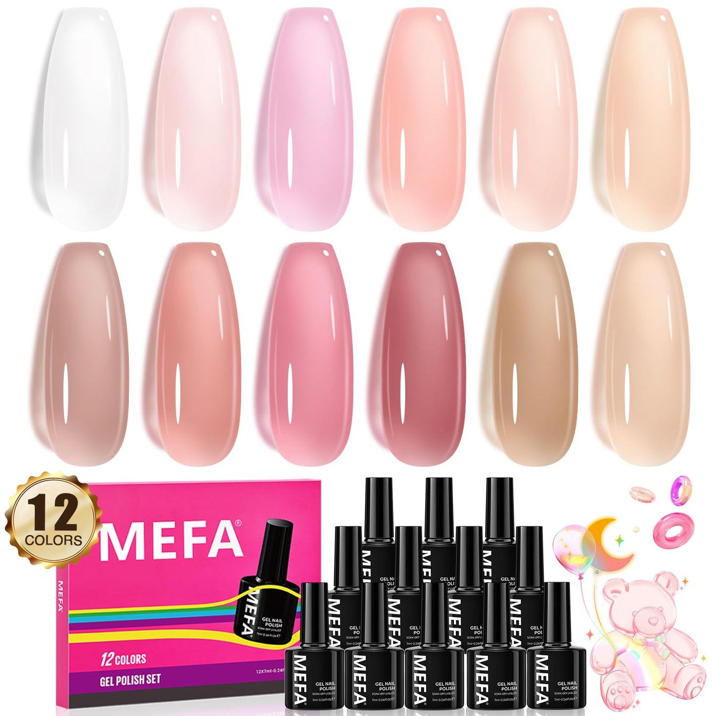 MEFA Jelly Gel Nail Polish Set, 12 Colors Nude Pink Milky White Sheer Nail Polish Neutral Transparent Gel Nail Soak Off DIY Nail Art Home Salon Manicure Gifts for Girls