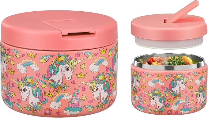 12oz Kids Soup Thermo for Hot Food Insulated Vacuum Food Jar with Buckle Lid, Stainless Steel Wide Mouth Leak Proof Lunch Container for School Travel-Pink