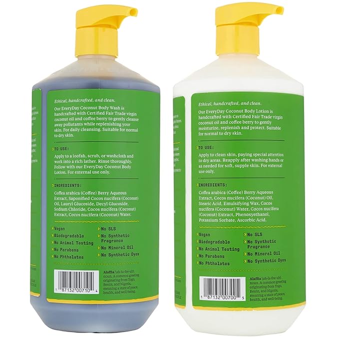 Alaffia Coconut & Coffee Berry Purely Coconut Value Set: Body Wash & Body Lotion, 32 Fl Oz each