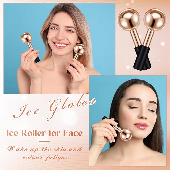 Baderke 2 Pcs Ice Globes for Face Stainless Steel Cooling Globes Unbreakable Cooling Roller Women Ice Balls Cryo Sticks Face Skin Care for Dark Circles, Puffiness(Rose Gold (black Handle))