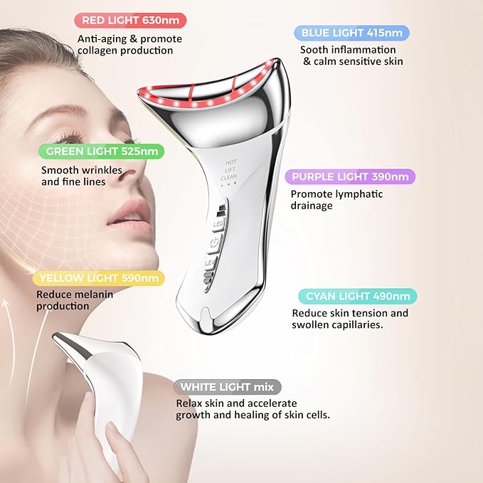 Neck and Face Sculptor with 7-in-1 Led for Skin Care,Water Resistant True Beauty Glow Facial Massager (White)