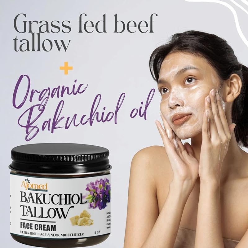 Beef tallow face cream with 2% Bakuchiol oil- Handmade NON GREASY anti aging tallow for skin- face moisturizer, Natural retinol- eczema cream, anti wrinkle, fine lines (Unscented/herbal)