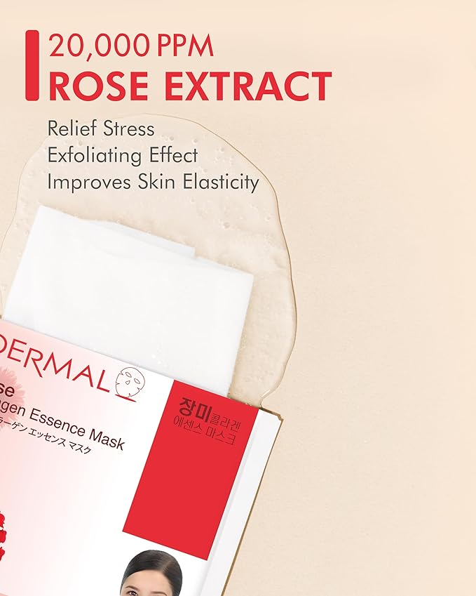 DERMAL Rose Collagen Essence Facial Mask Sheet 23g Pack of 10 - Refreshing & Moisturizing for Tried and Dry Skin, Calming, Daily Skin Treatment Solution Sheet Mask