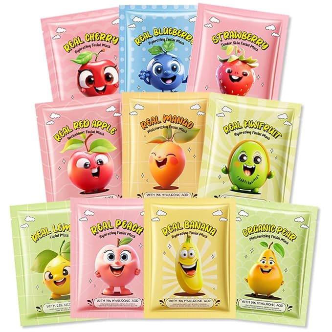 Kaely 10 Pack Fruit Face Masks for Kids, Kids Face Mask Spa Day kit Supplies, Spa Party Favors for Teens Girls Women, Sheet Facial Mask Skincare Gifts Set, Moisturize Soothe for All Skin Types, 02