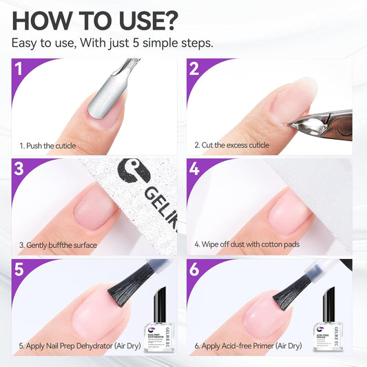 Nail Repair Prep Dehydrator and Primer Kit - Gelike EC Acid-Free Fast Air Dry for Bond Acrylic Gel Tips - Safe Healthy Foundation for Weak Thin Nails - Long Lasting for Professional Salon Manicure
