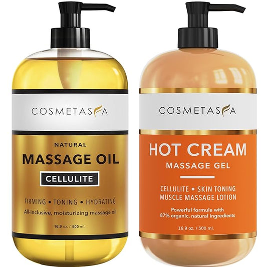 Cellulite Massage Oil & Hot Cream - 100% Natural Cellulite Oil & Gel, Highly Absorbable, Firm, Tone, Tighten & Moisturize Skin - Soothes Muscles (16.9 Fl Oz Each Bottle)