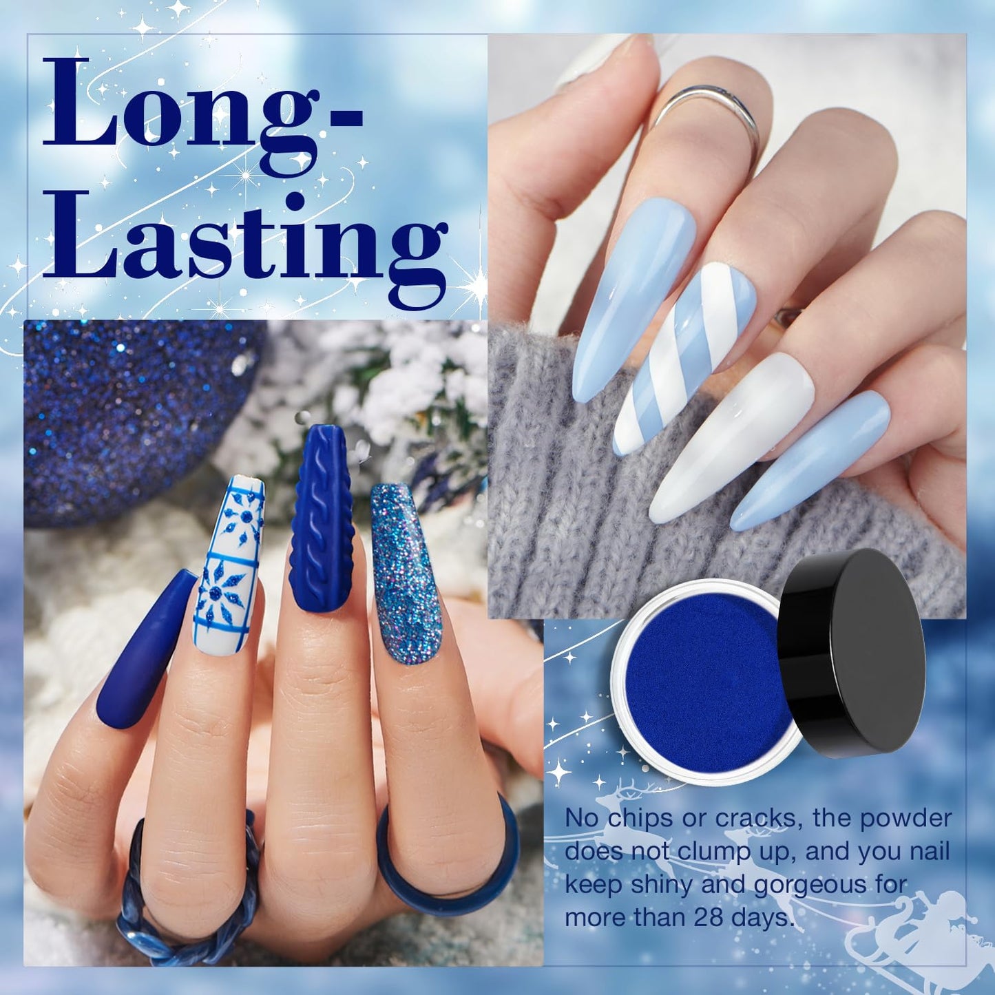 AZUREBEAUTY Christmas Dip Powder Nail Kit Winter White Navy Blue Glitter 4 Colors Acrylic Dipping Powder Liquid Set with Base/Top Coat Activator for French Nail Art Manicure DIY Gift for Women