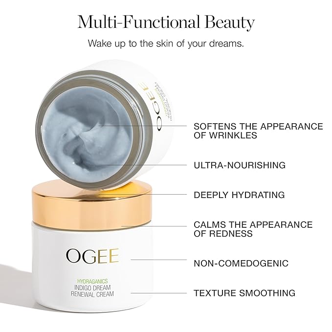 Indigo Dream Renewal Cream Face Moisturizer - Hydrating Face Cream with Hyaluronic Acid & Ceramides - Organic Ingredients, Cruelty-Free & Made in USA