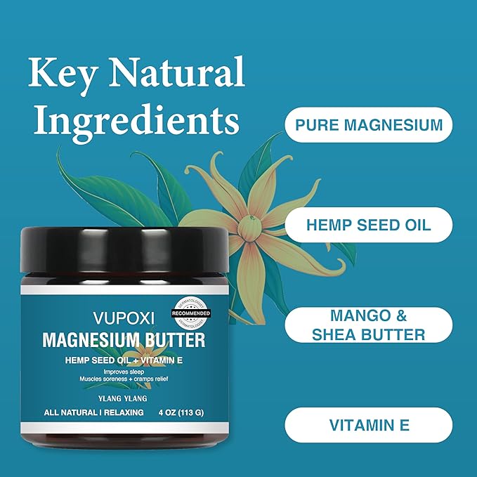 Magnesium Cream for sleep with Hemp Seed Oil, Jojoba oil,Vitamin E and Shea Butter -Magnesium Lotion – Nighttime Magnesium Cream – Legs, Arms or Chest - Topical Magnesium Chloride (4 fl, Ylang Ylang)