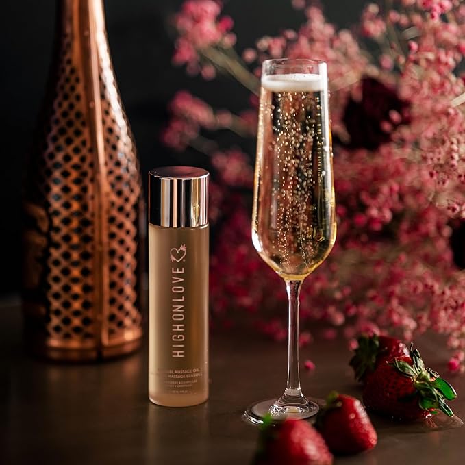 HIGHONLOVE Natural Body Oil with Hemp Seed, Grape Seed, & Vitamin E Oil - Moisturizing Body Glow with a Non-Greasy, Glowy Finish (120 ml) (Strawberries & Champagne)