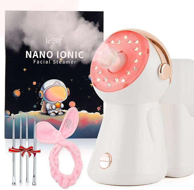 Facial Steamer,with 7 Colors Led Light,Face Steamer for Facial Deep Cleaning,Warm Mist Nano Ionic Steamer for Face Spa Kit,Face Humidifier,Facial Sauna Use at Home, Gift for Women（Rosegold with Light）