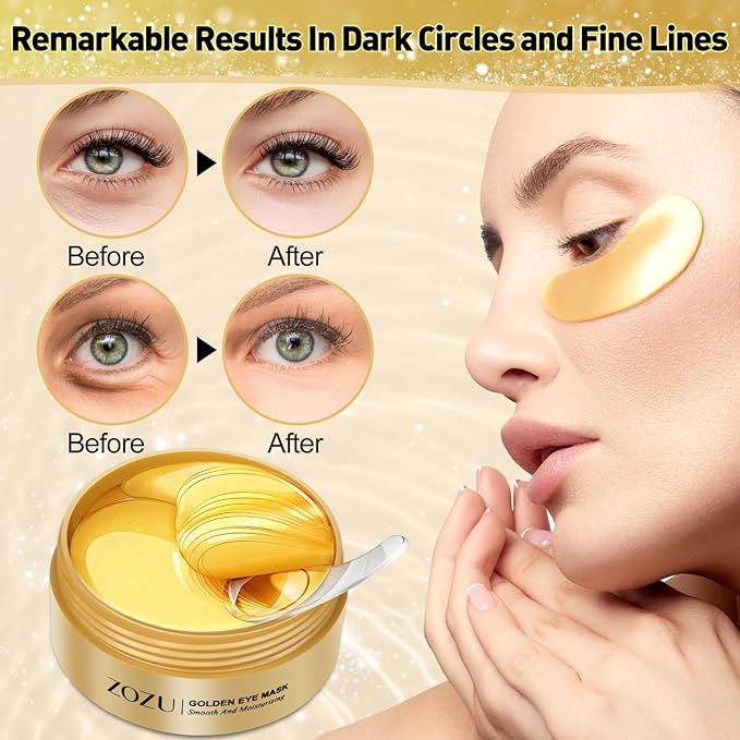 Under Eye Mask, 60 PCS Golden Gel Under Eye Patches for Dark Circles, Undereye Bags, Wrinkles Gel Under Eye Patches Gifts for Women Birthday Gifts for Women