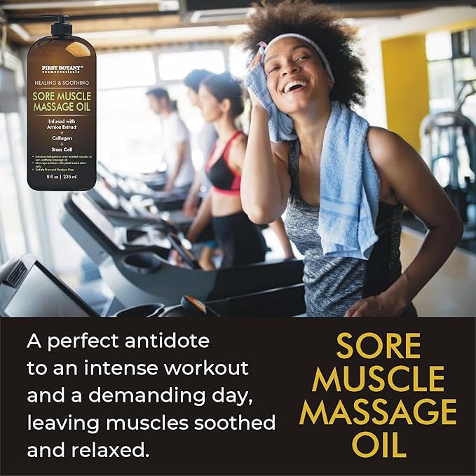 First Botany, Arnica Sore Muscle Massage Oil for Massage Therapy Natural Therapy Oil with Lavender, Mint, Chamomile Essential Oils, Collagen & Stem Cells, Therapeutic Oils for Body Massage Lotion 8oz