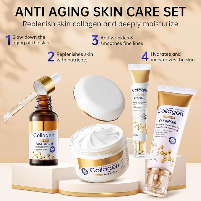 Collagen Skin Care Set, Anti Aging Skincare Set for Reduce Wrinkles, Shrink Pores, Smooth Fine Lines, Hydrating, 4 Pcs Travel Skincare Kits for Women with Cleanser, Serum, Cream, Eye Cream.