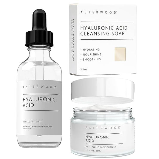 Asterwood Hyaluronic Acid Serum 2 oz, Hyaluronic Acid Moisturizer 1.7 oz, & Hyaluronic Acid Face Bar 3.5 oz