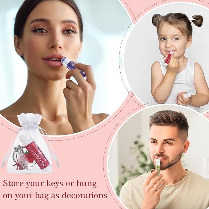 30 Sets Moisturizing Lip Balms Bulk Employee Appreciation Gifts with Fruit Pun Keychains and Organza Bags for Coworker Teacher Appreciation Mothers Day Gifts