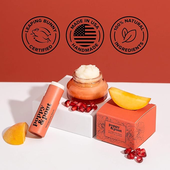 Poppy & Pout Pomegranate Peach Jumbo Lip Balm | All Natural Lip Balms & Moisturizers | Hydrates with Beeswax, Vitamin E, Organic Coconut Oil | Cruelty-Free | Lip Balm in Recyclable Cardboard Tube