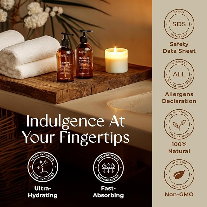 Gya Labs Relaxing Massage Oil for Sore Muscles - 6.76 Fl Oz - 100% Pure Natural Spa Quality for Skin & Body Relaxing, Sore Muscle Massage Oil with Non Greasy for Men & Women