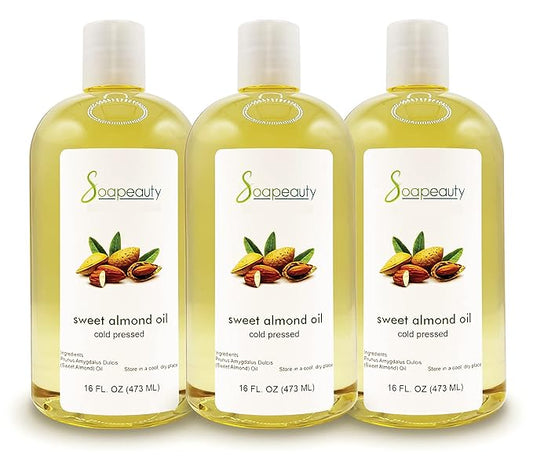 Soapeauty Sweet Almond Oil Cold Pressed Refined | 100% Pure Sweet Almond Oil Available in Bulk | Carrier for Essential Oils, Almond Oil for Skin, Face, and Hair, Soap Making | 48 fl oz (3 * 16 fl oz)